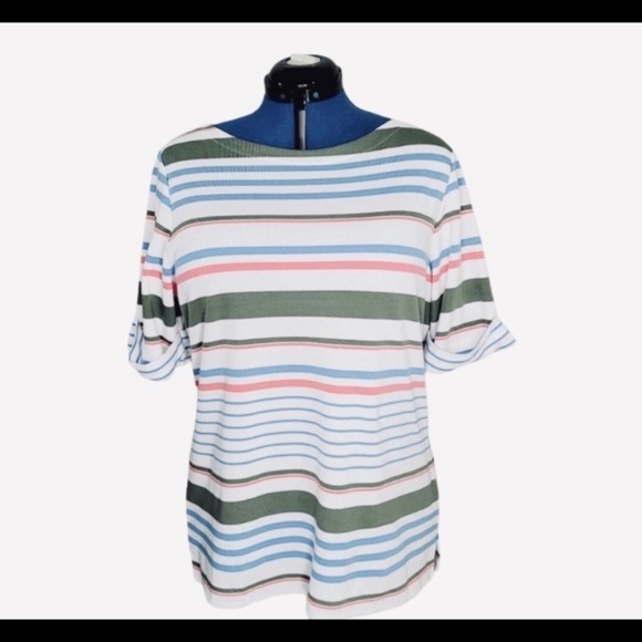 NEW Karen Scott Plus Stripe Tee Shirt Top Elbow Sleeves Boatneck Jersey Size 0X - Picture 3 of 6